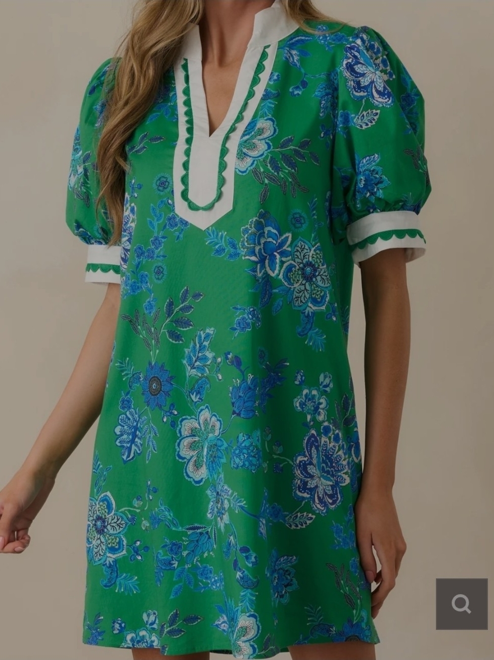 Green Floral Cotton Puff Sleeve Mini DressMade